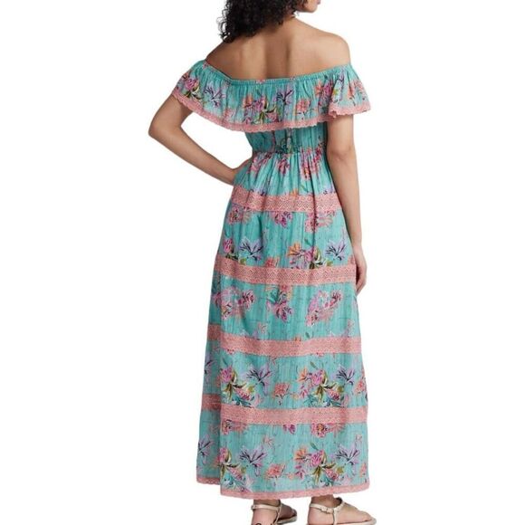 Barok Paris Floral Off The Shoulder Cotton Blend Maxi Dress In Seafoam Size M - Picture 2 of 8